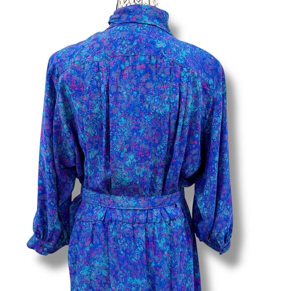 Vintage Willi Size M Blue Belted Midi Dress Brooch USA Secretary - Picture 9 of 10